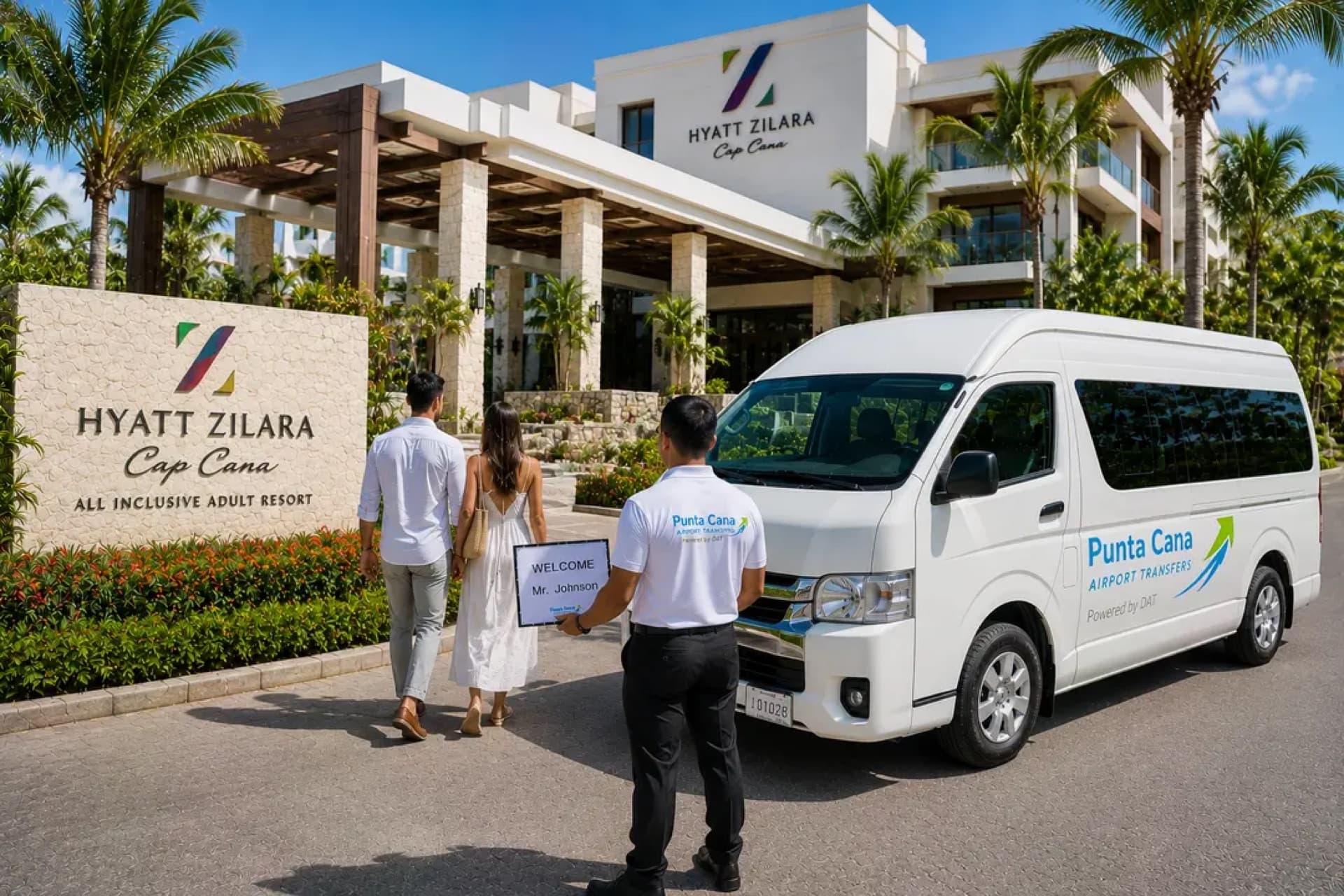 Um motorista da Punta Cana Airport Transfers recebendo hóspedes em frente ao Hyatt Zilara Cap Cana com uma van da marca