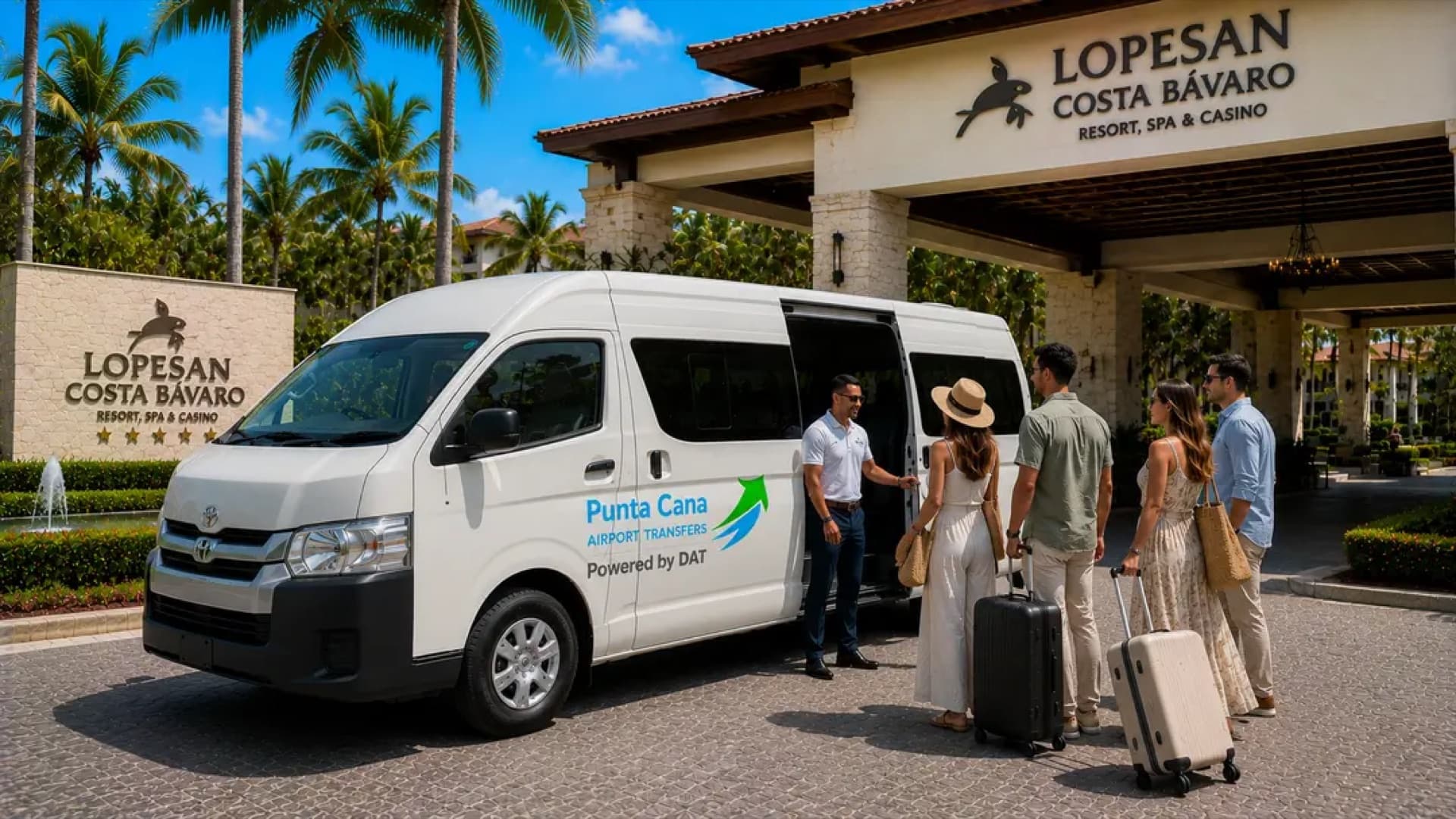 Guests boarding a Punta Cana Airport Transfers van at the entrance of Lopesan Costa Bávaro resort