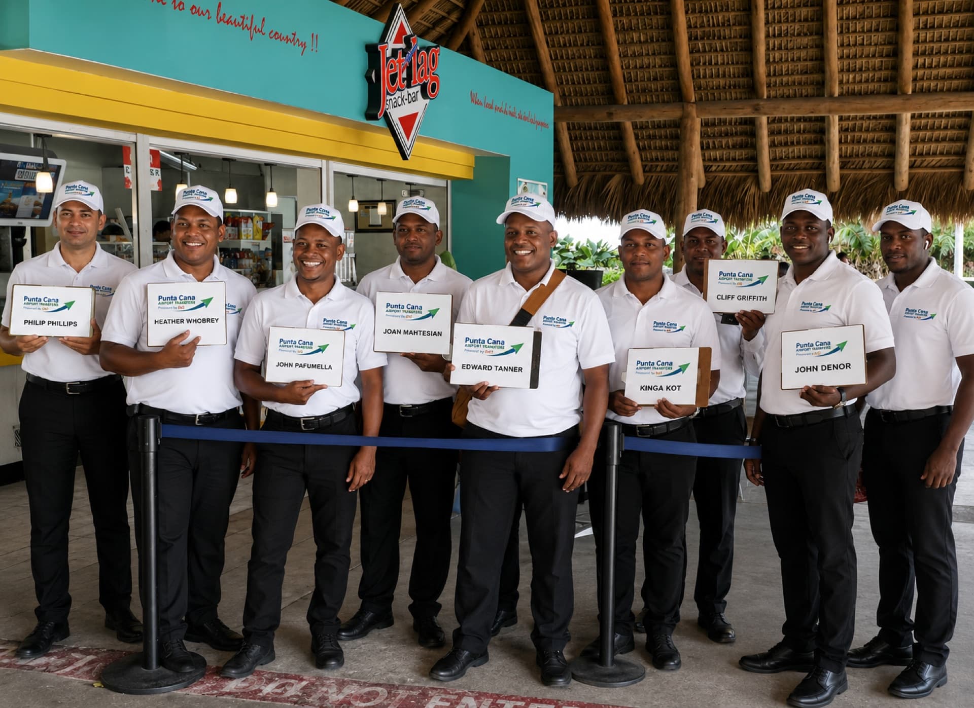 The Punta Cana Airport Transfers driver team holding guest name signs at the airport meeting point