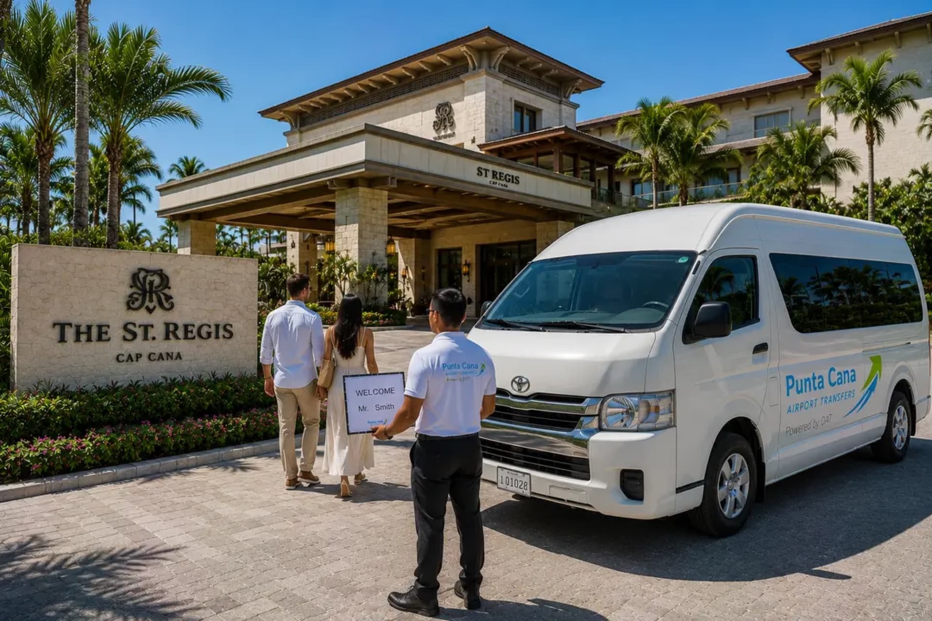 A Punta Cana Airport Transfers driver welcoming guests at the entrance of The St. Regis Cap Cana