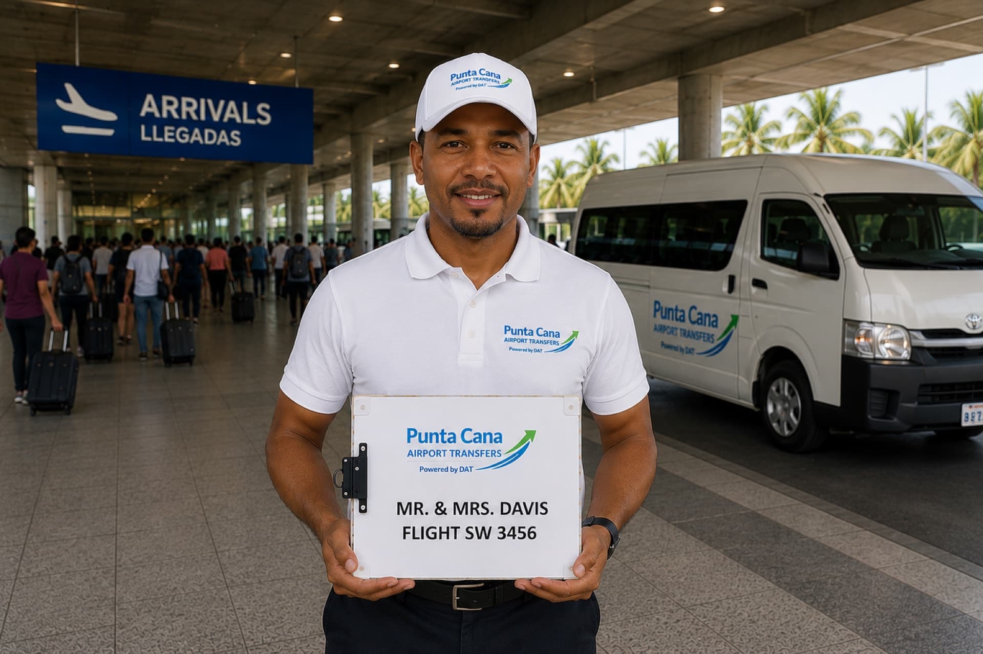 A Punta Cana Airport Transfers driver holding a name board at Punta Cana Airport arrivals, with the van waiting behind him